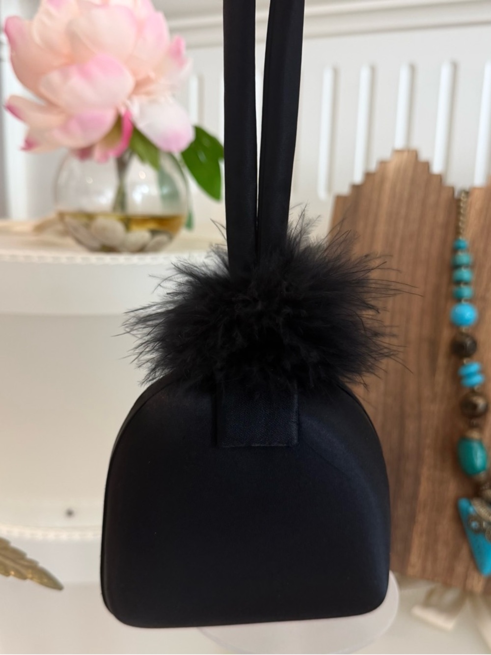 Cache Vintage Black Satin Mini Wristlet Crossbody with Faux Fur Pom Purse Bag